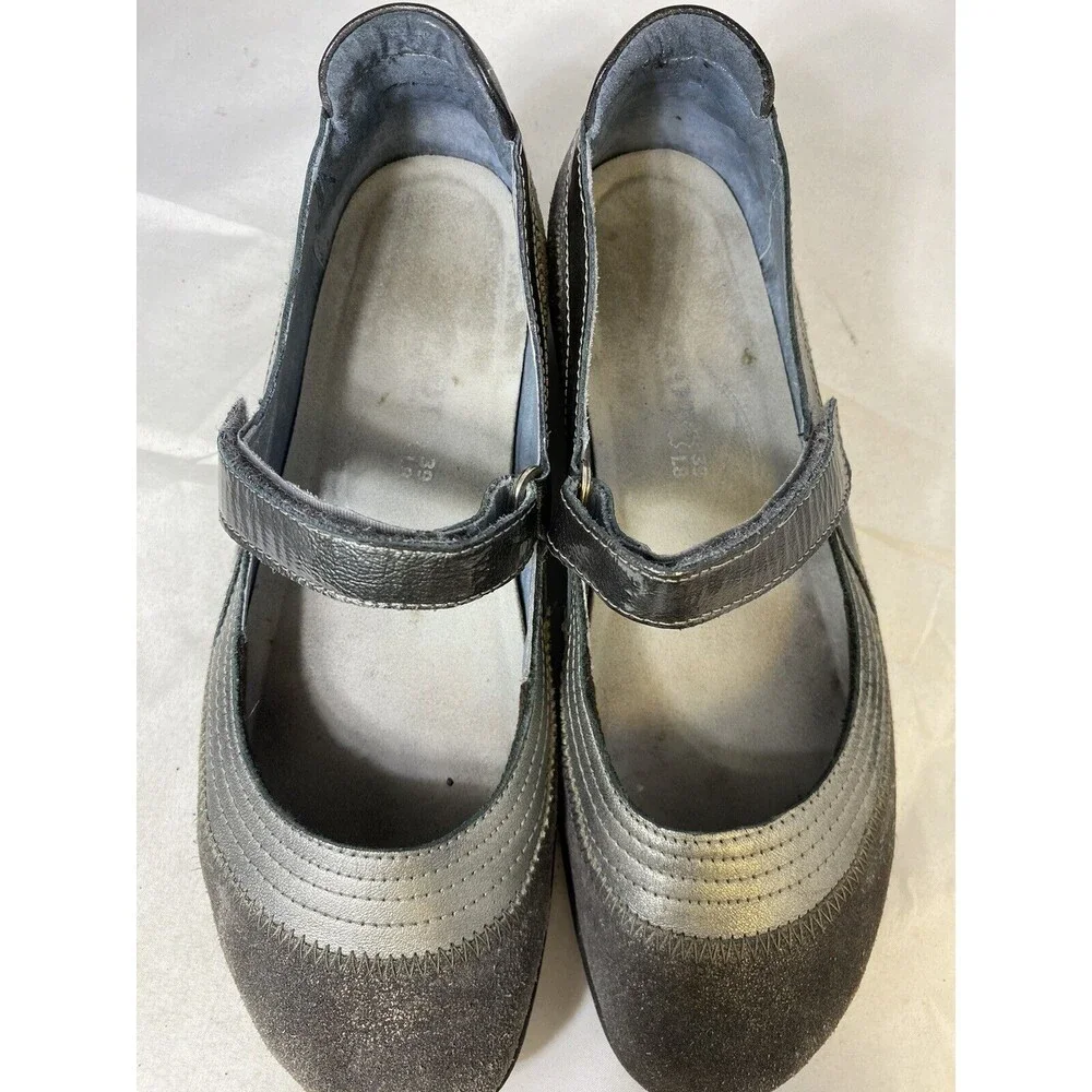 NAOT Kirie Gray Suede & Leather Mary Janes W/ Adjustable Straps Women's sz 39/8